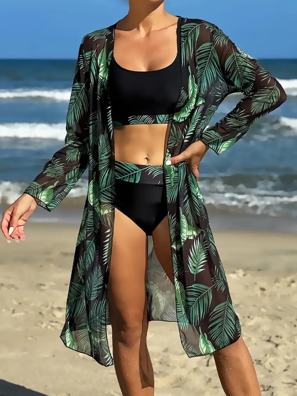 Pinc Tropical Palm Leaf Sheer Mesh Cardigan Kimono Duster Green Large